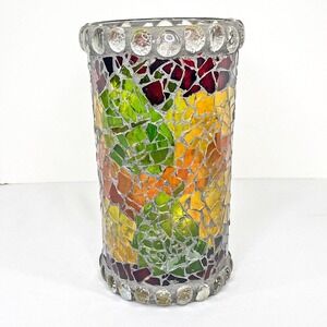 Pier 1 Glass Mosaic Candle Holder red yellow green orange 10" tall 5.5" diameter